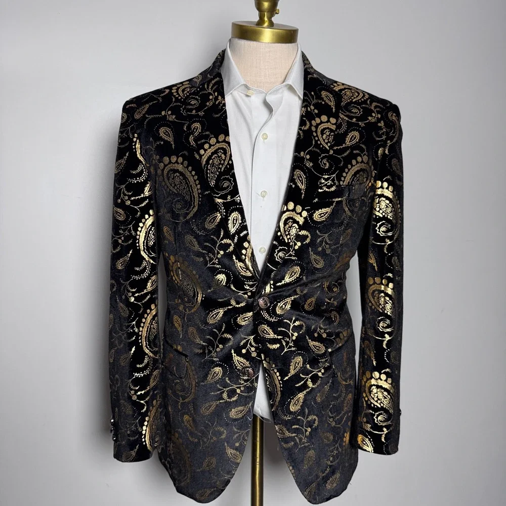 Asian Blazer Mens 38R Black Gold Paisley Metallic Velvet Formal‎ Tuxedo Jacket
